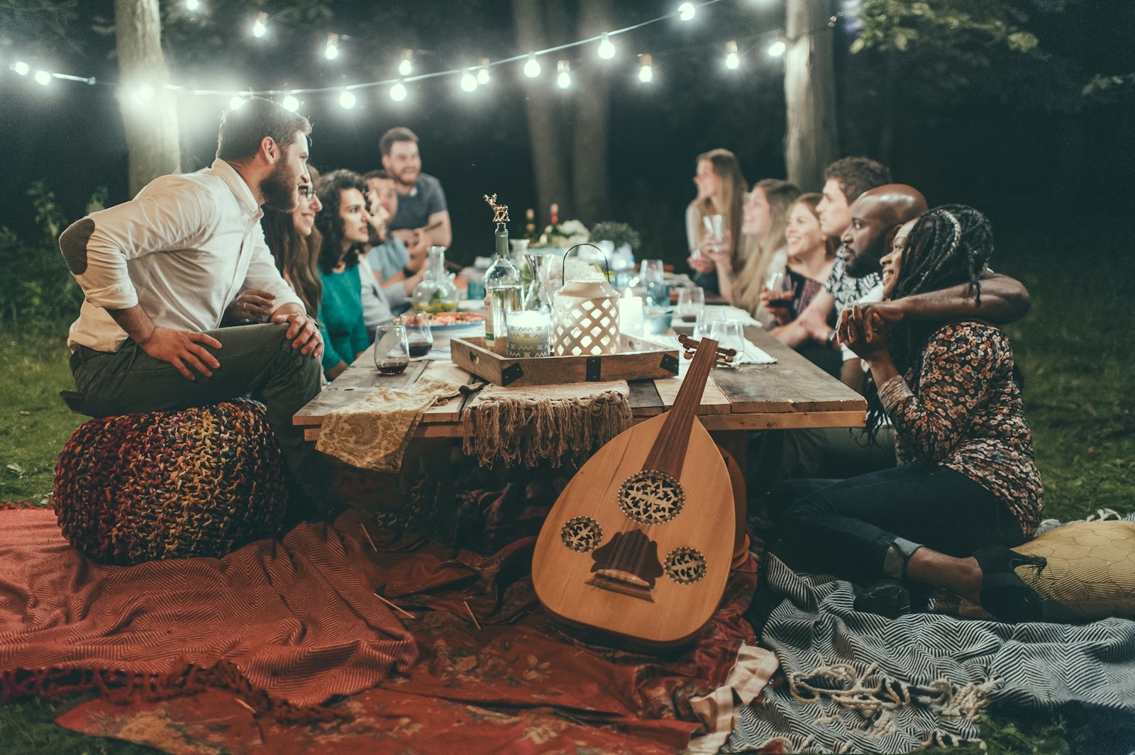 An evening event under string lights
